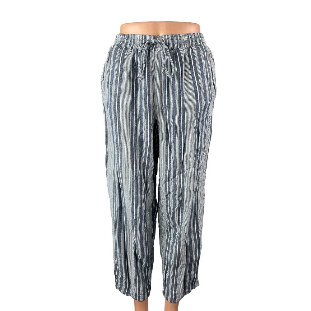 American Eagle Women's Blue Striped High Rise Tie Wide Leg Trousers Pants Size M